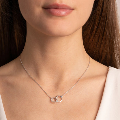 Collier mit zwei verschlungenen Kreisen aus 925er Silber (rhodiniert oder vergoldet) – 42 cm + 3 cm Verlängerung – Silberfarben/Goldfarben