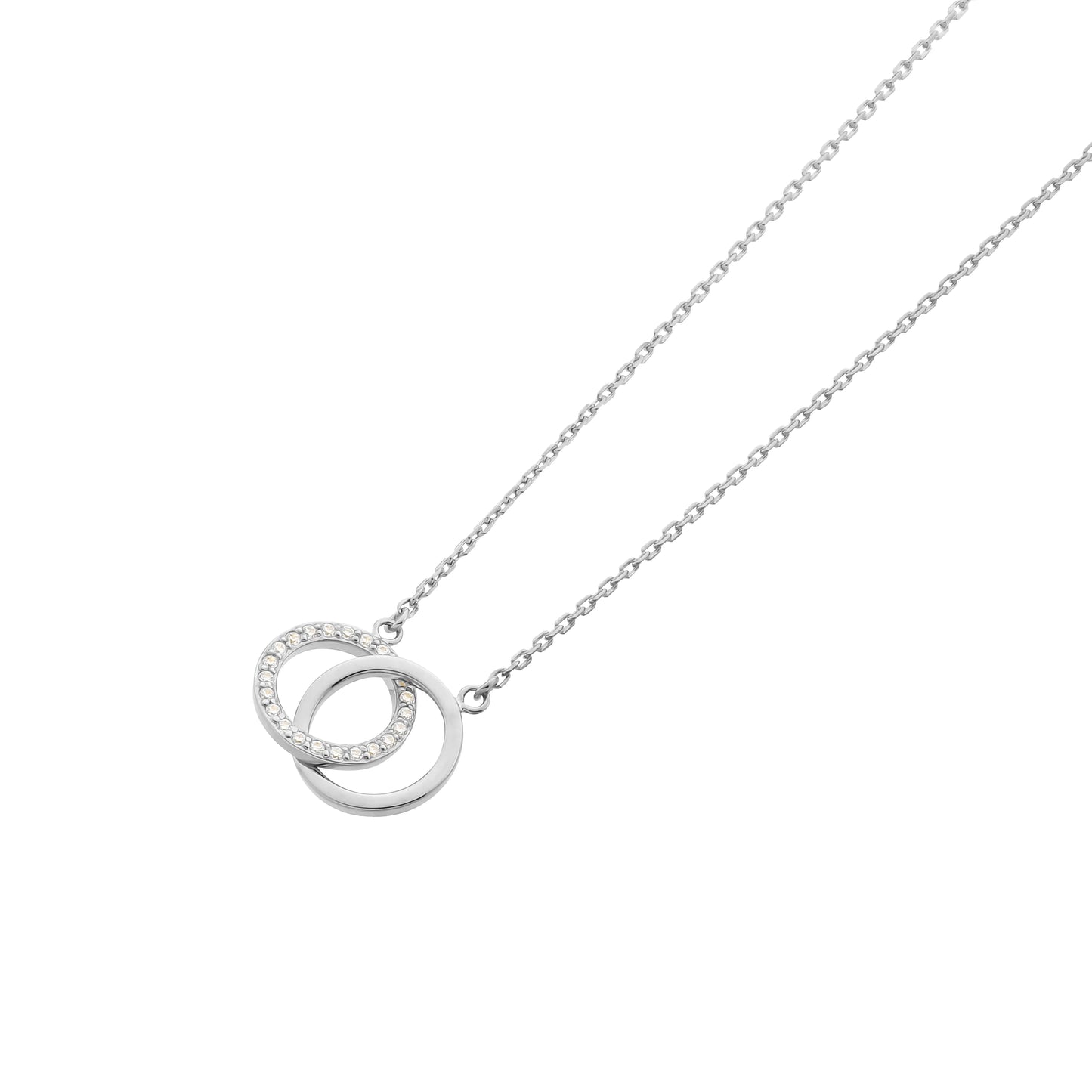 Collier mit zwei verschlungenen Kreisen aus 925er Silber (rhodiniert oder vergoldet) – 42 cm + 3 cm Verlängerung – Silberfarben/Goldfarben