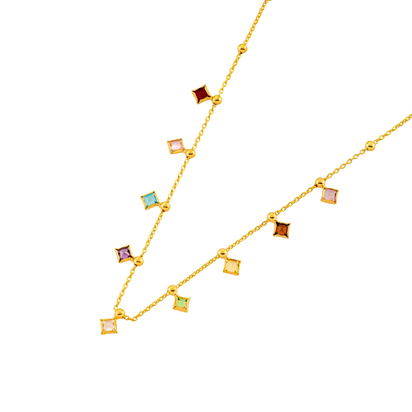 Collier aus vergoldetem 925er Silber mit bunten Steinen – 42 cm + 3 cm Verlängerung – Goldfarben