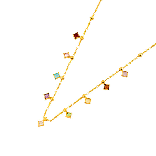 Collier aus vergoldetem 925er Silber mit bunten Steinen – 42 cm + 3 cm Verlängerung – Goldfarben