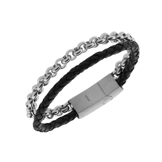 Lederarmband aus geflochtenem Kunstleder mit Edelstahl-Elementen – 21 cm Länge, 13 mm Breite – Herren